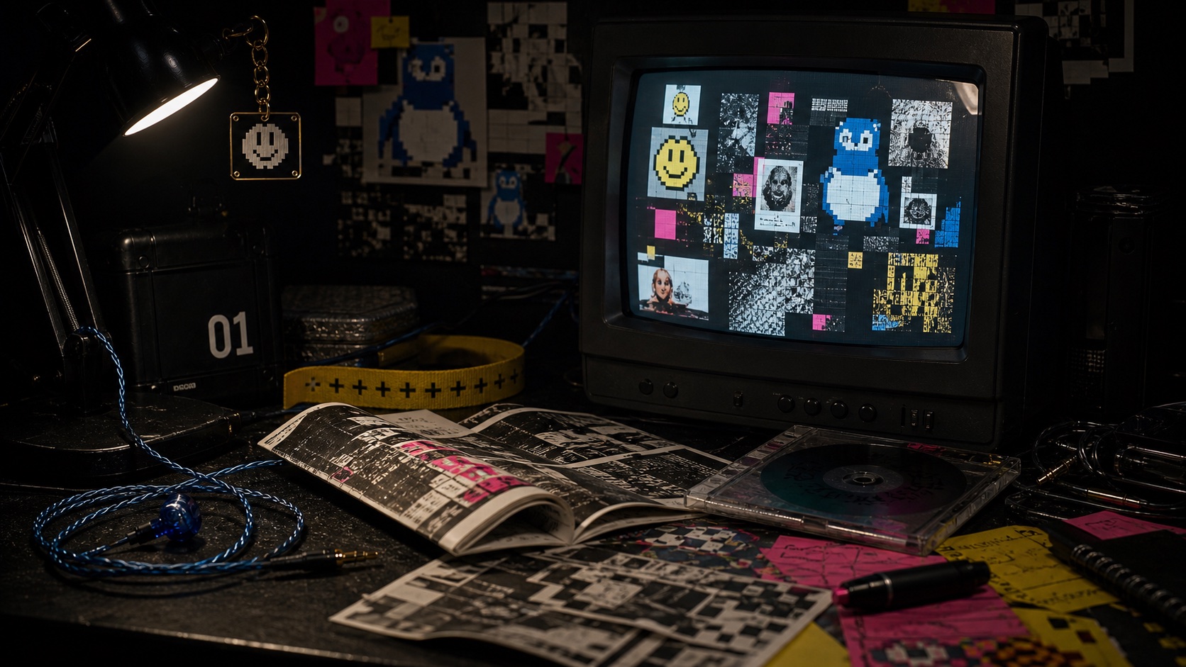 A late-night creator desk with a handmade pixel page on a CRT, zines, wired earbuds, and burned media.