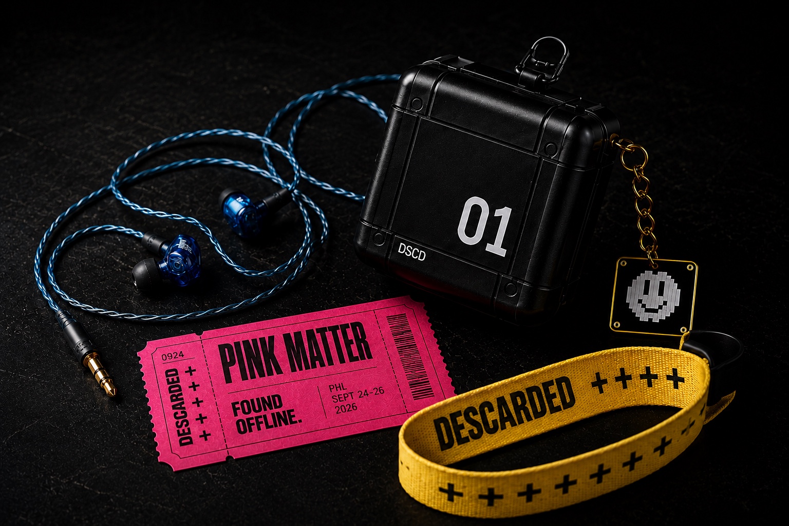 A Descarded Pink Matter ticket, black carry case with charm, blue wired monitors, and yellow Descarded band.